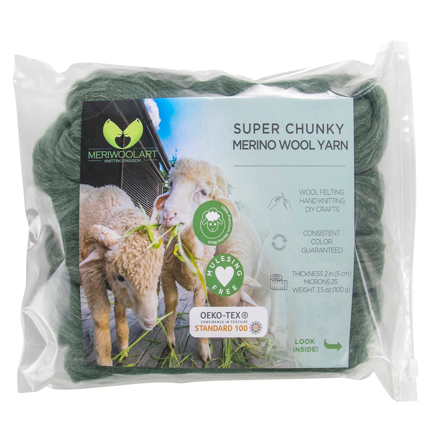 GREEN MELANGE SUPER CHUNKY MERINO WOOL 4-5 CM, 25 MICRONS
