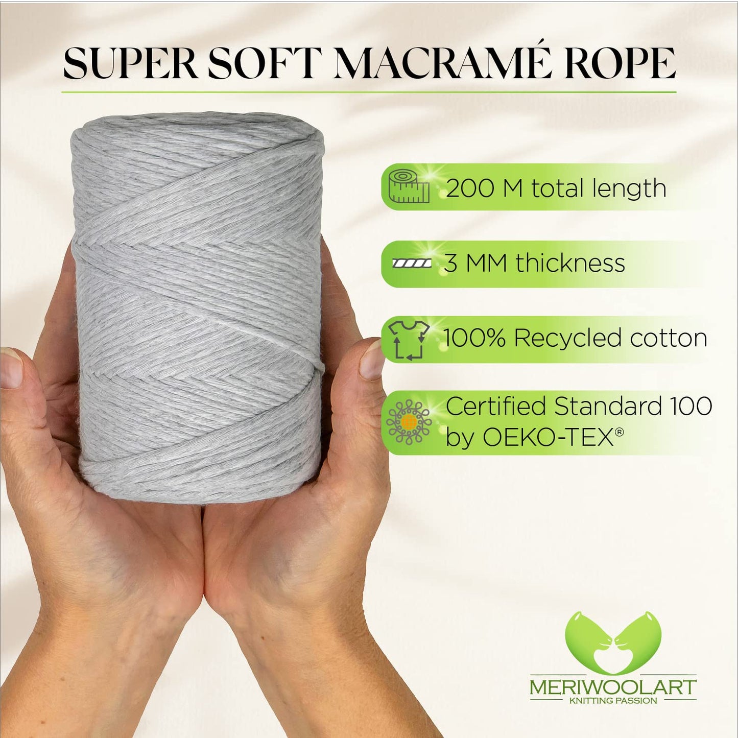 Light Gray Single Twisted Macramé 3mm 200m