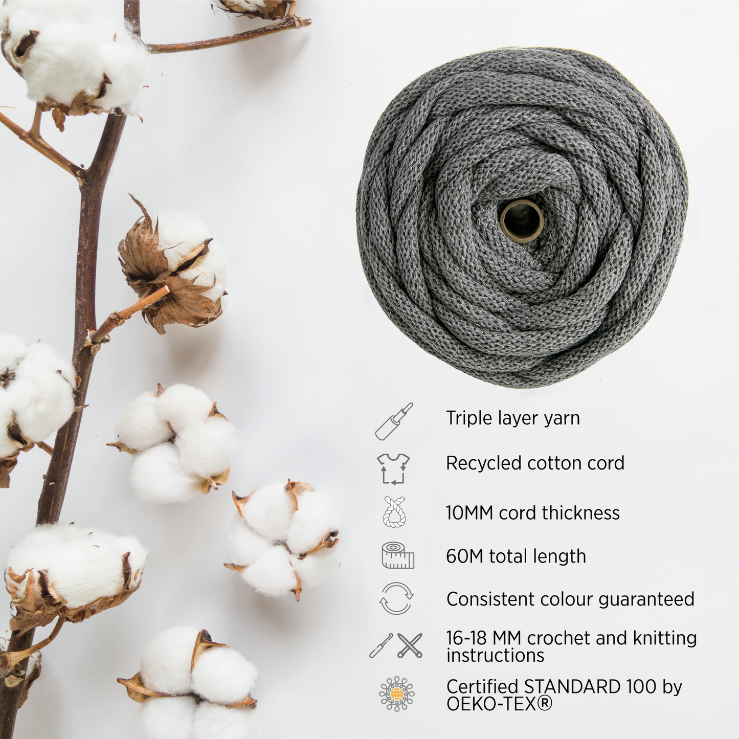 DARK GREY RECYCLED COTTON CORD 10 MM, 60 M
