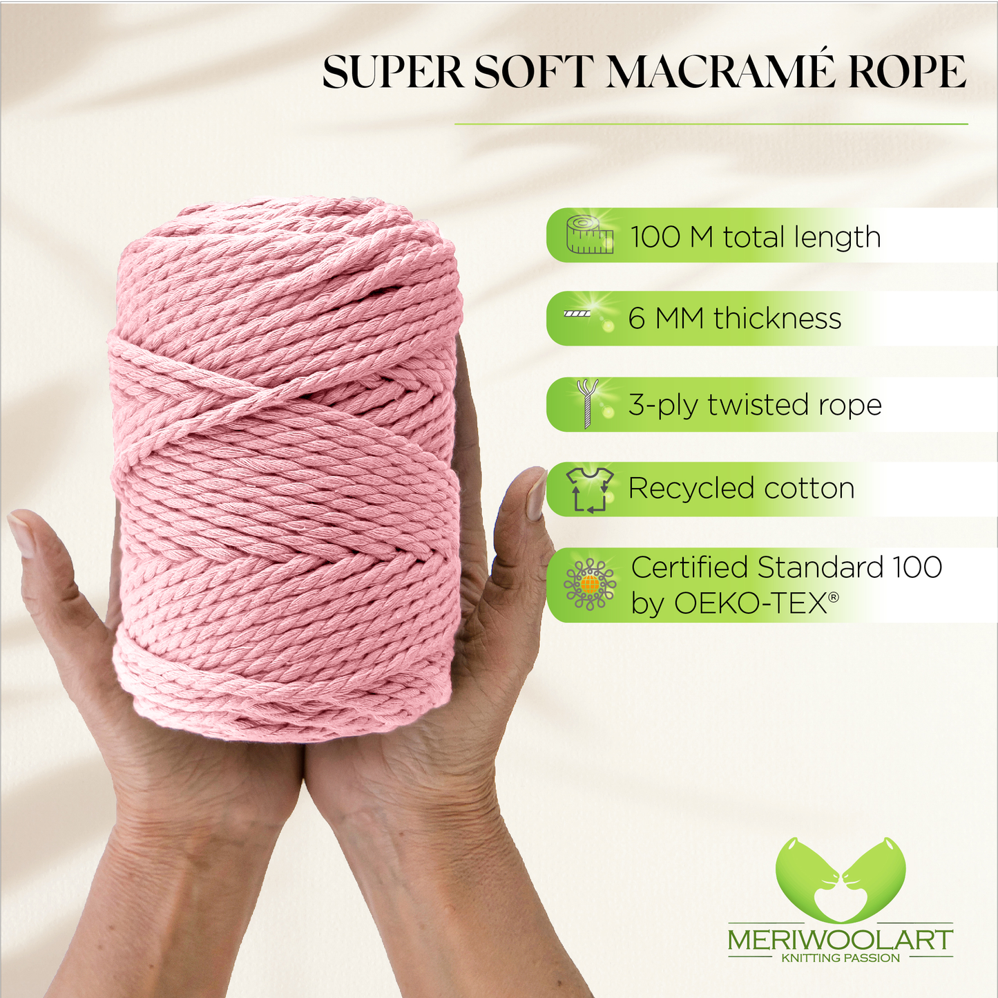 LIGHT PINK MACRAMÉ ROPE 6 MM, 100 M