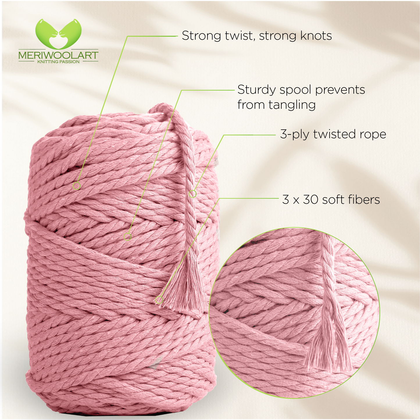 LIGHT PINK MACRAMÉ ROPE 6 MM, 100 M