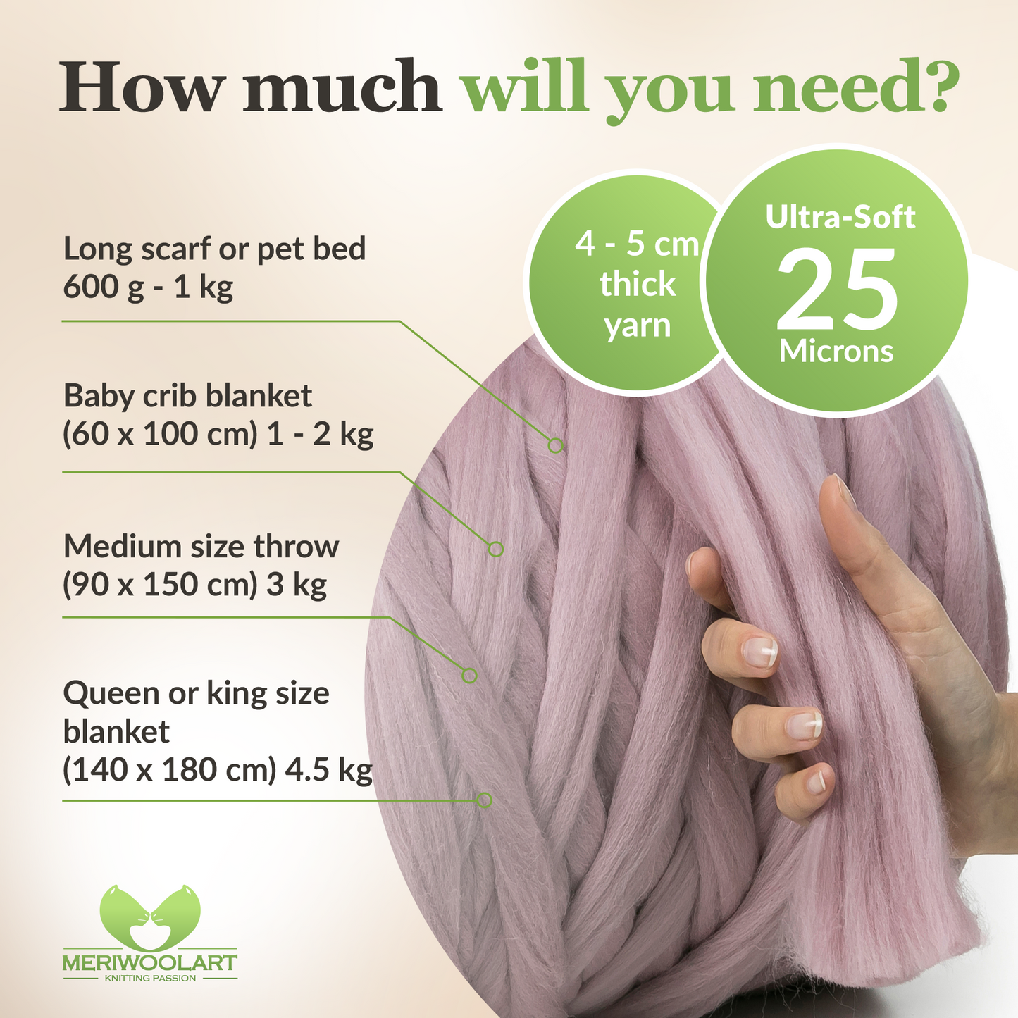 POWDER PINK SUPER CHUNKY MERINO WOOL 4-5 CM, 25 MICRONS