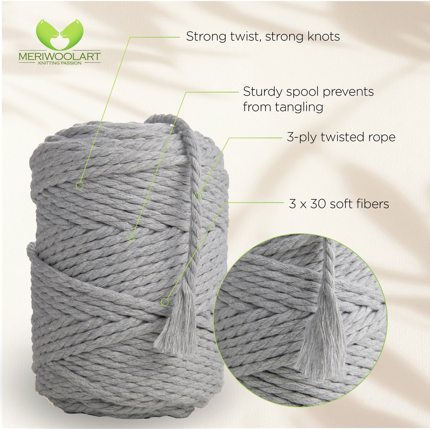 LIGHT GREY MACRAMÉ ROPE 6 MM, 100 M
