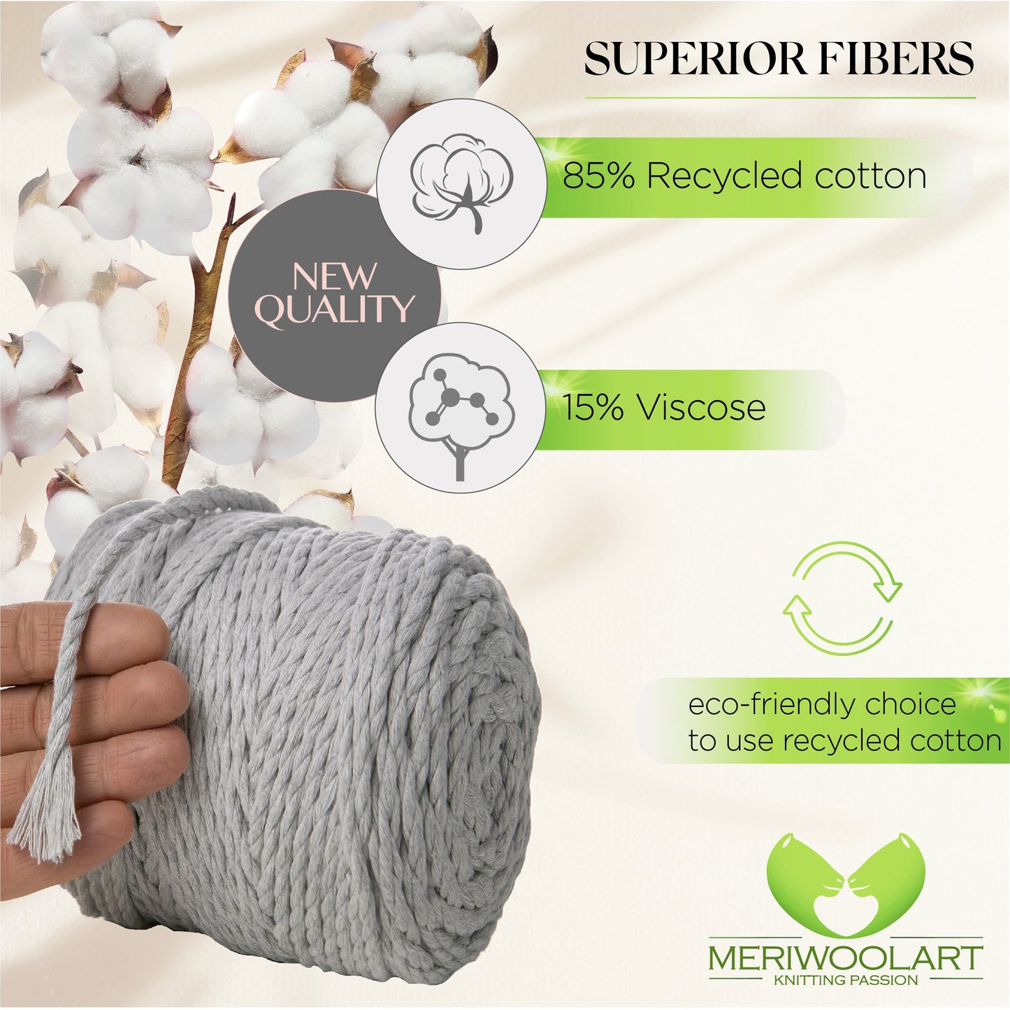 LIGHT GREY MACRAMÉ ROPE 6 MM, 100 M