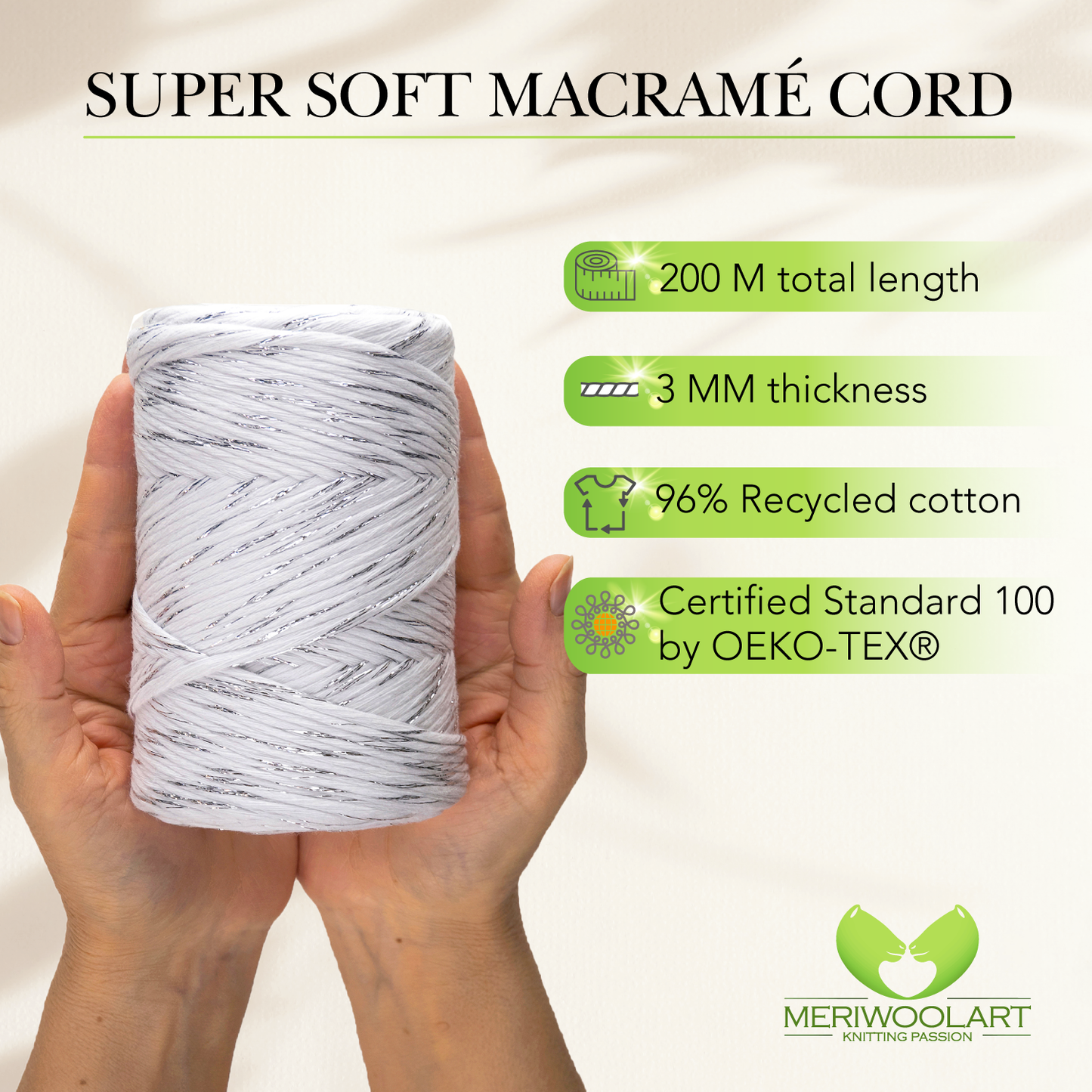 White Lurex Single Twisted Macramé 3mm 200m