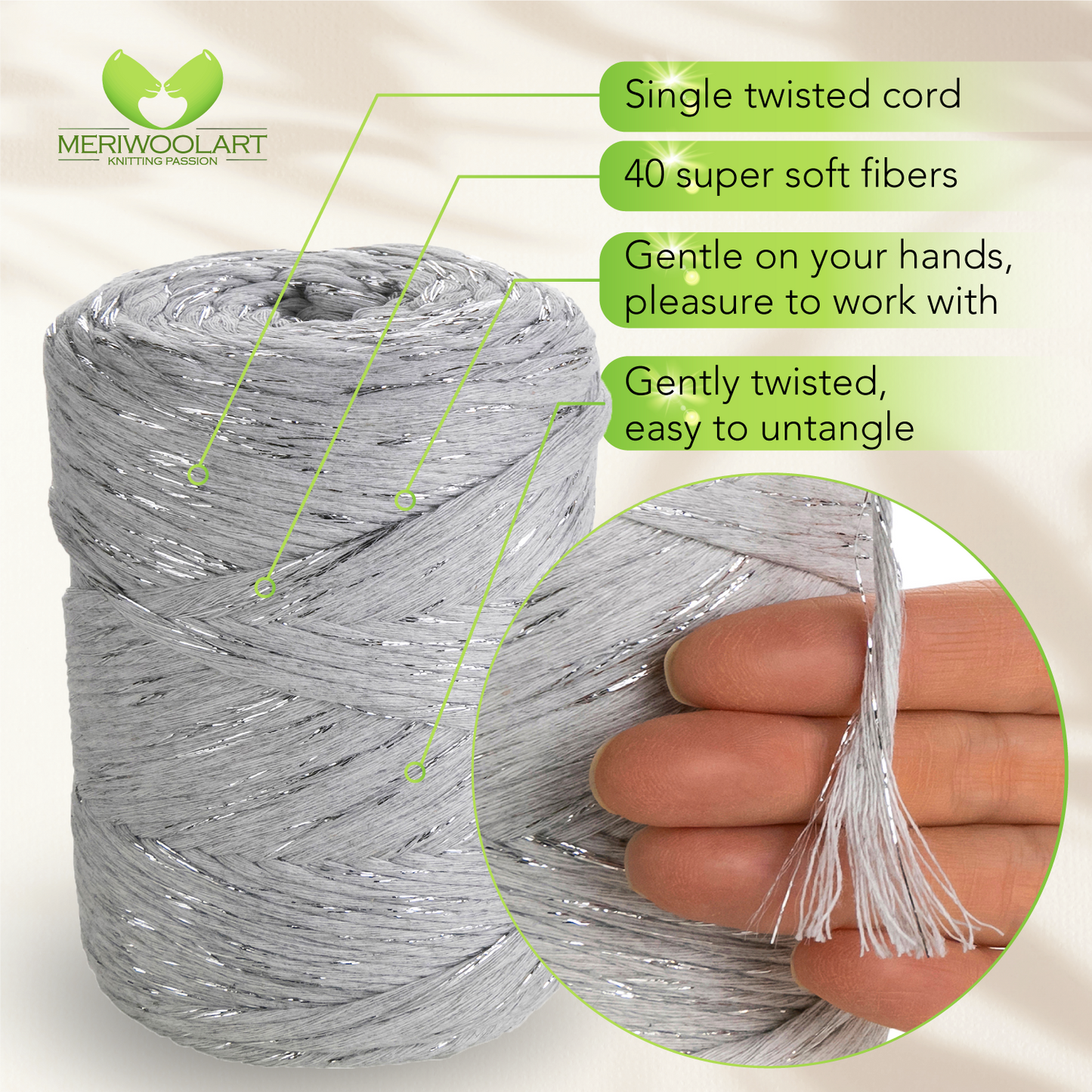 Light Gray Lurex Single Twisted Macramé 3mm 200m