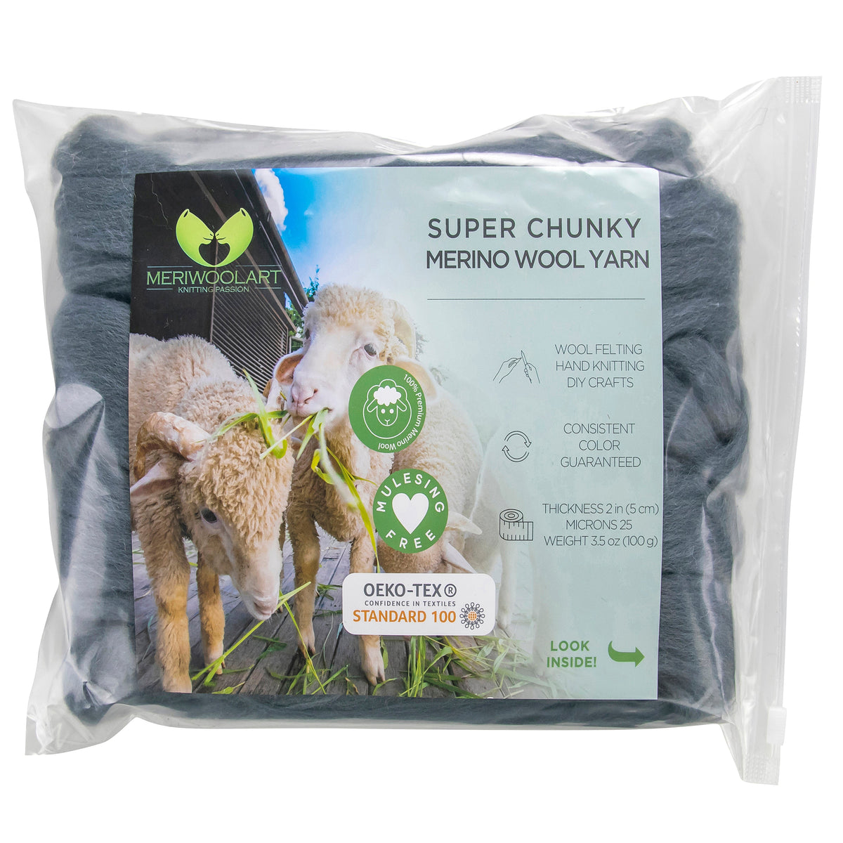 DARK GREY SUPER CHUNKY MERINO WOOL 4-5 CM, 25 MICRONS