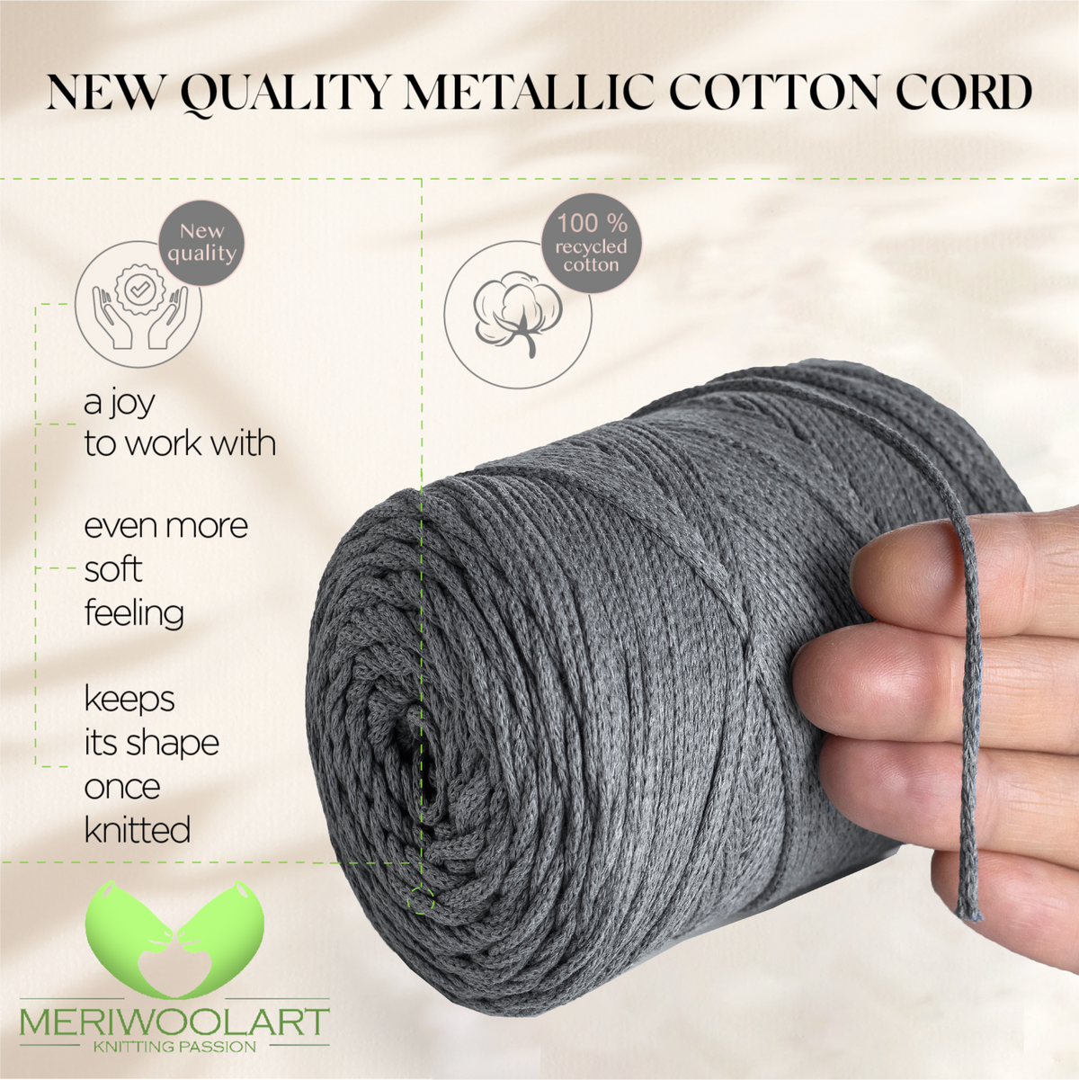 Dark Gray Macramé Cotton 2mm 250m – Meri Wool Art Wholesale