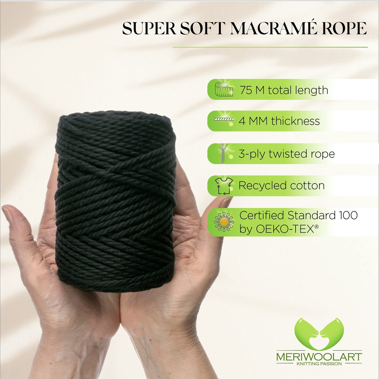 GRAPHITE MACRAMÉ ROPE 4 MM, 75 M