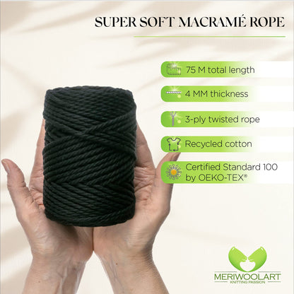 GRAPHITE MACRAMÉ ROPE 4 MM, 75 M