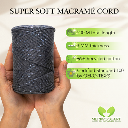 Graphite Lurex Single Twisted Macramé 3mm 200m