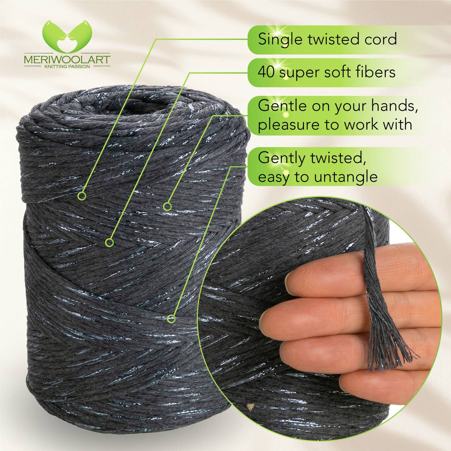 Graphite Lurex Single Twisted Macramé 3mm 200m