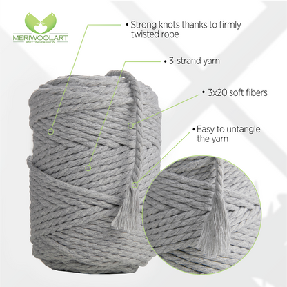 LIGHT GREY MACRAMÉ ROPE 4 MM, 75 M